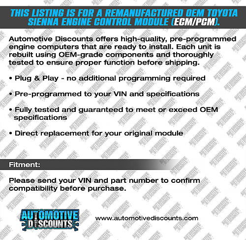 ThislistingisforaremanufacturedOEMToyotaSiennaEngineControlModule7